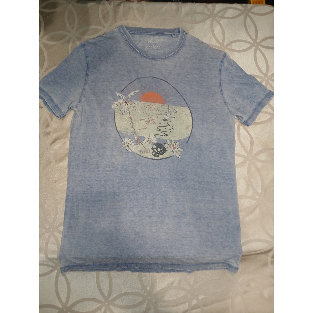 Lucky Brand Venice Burnout Mens Blue Graphic T-Shirt Skull Beach Palm Tree M